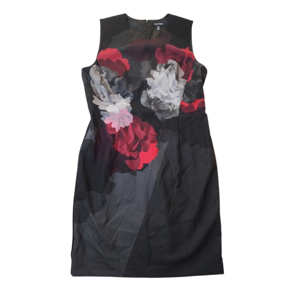 Ellen Tracy Dress Womens Size 16 Red Black Floral Pencil Ponte Zip Career Office